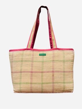 Ralph Lauren Straw Tote Bag Purse Pink Green Tan Large Beach Woven Rattan